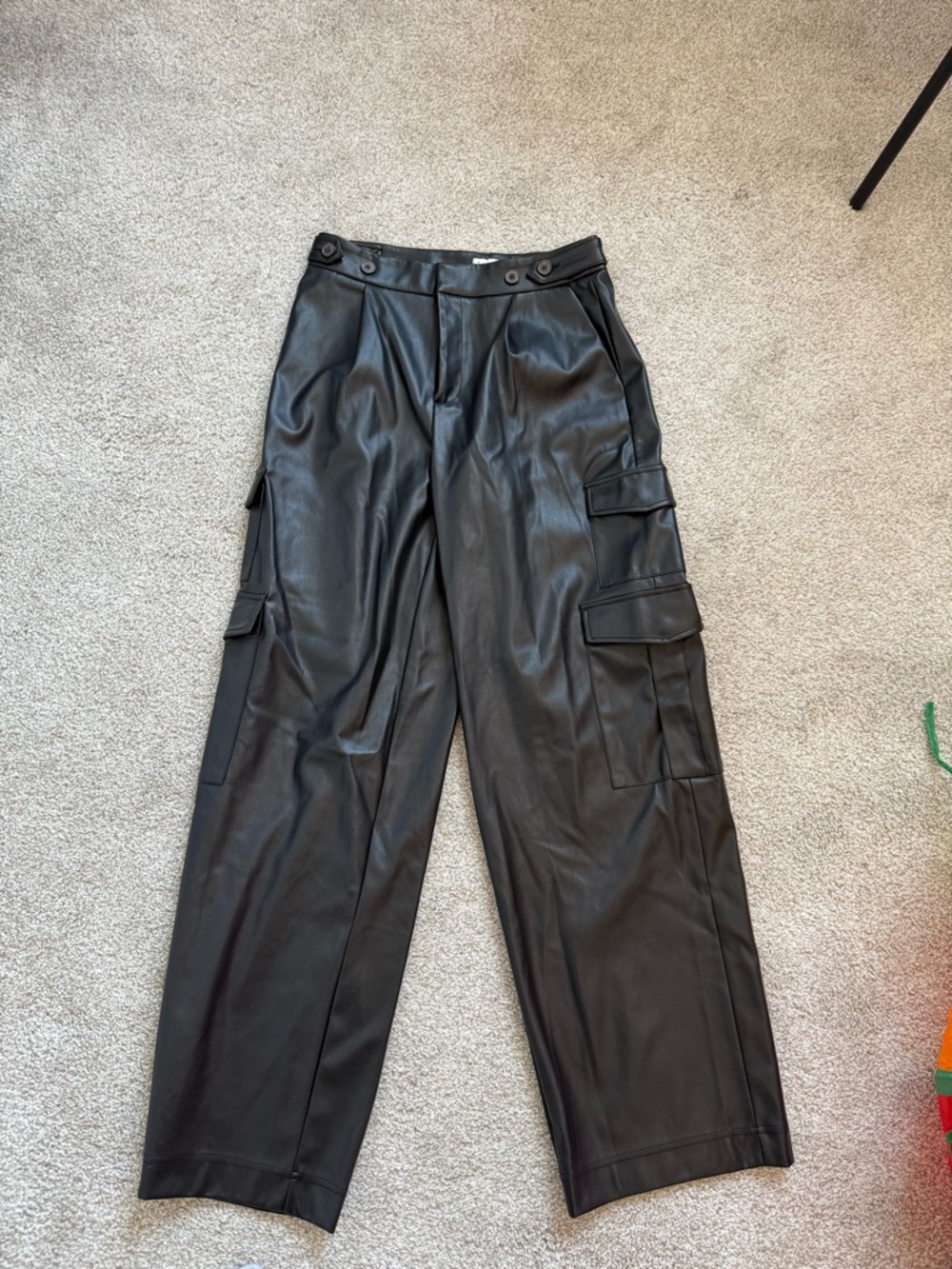 Black Faux Leather Cargo Pants